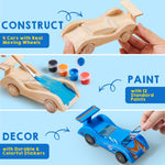 Klever Kits 4 DIY Wooden Race Cars Craft Kit for Kids, Easy to Assemble Arts and Crafts Toy with Paint and Stickers