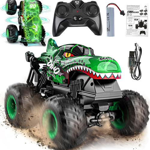 BEZGAR 1:20 Scale Remote Control Monster Truck with Light & Music for Kids 4-7, Dinosaur RC Car with 360° Spins and Drifting