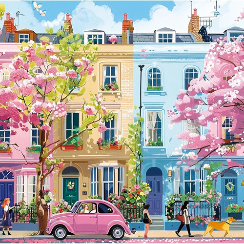 J.Biley 500 Piece Spring Street Jigsaw Puzzle for Adults & Teens, Blooming City Scene, Premium Recycled Cardboard, Anti-Glare HD Print, Letter-Coded Back, 20.5x15 Inch.