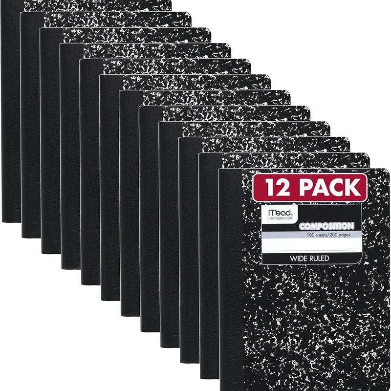 Mead Composition Notebook, Wide Ruled Paper, 7.5" x 9.75", 100 Sheets, Black Marble, 3 Pack (38301)