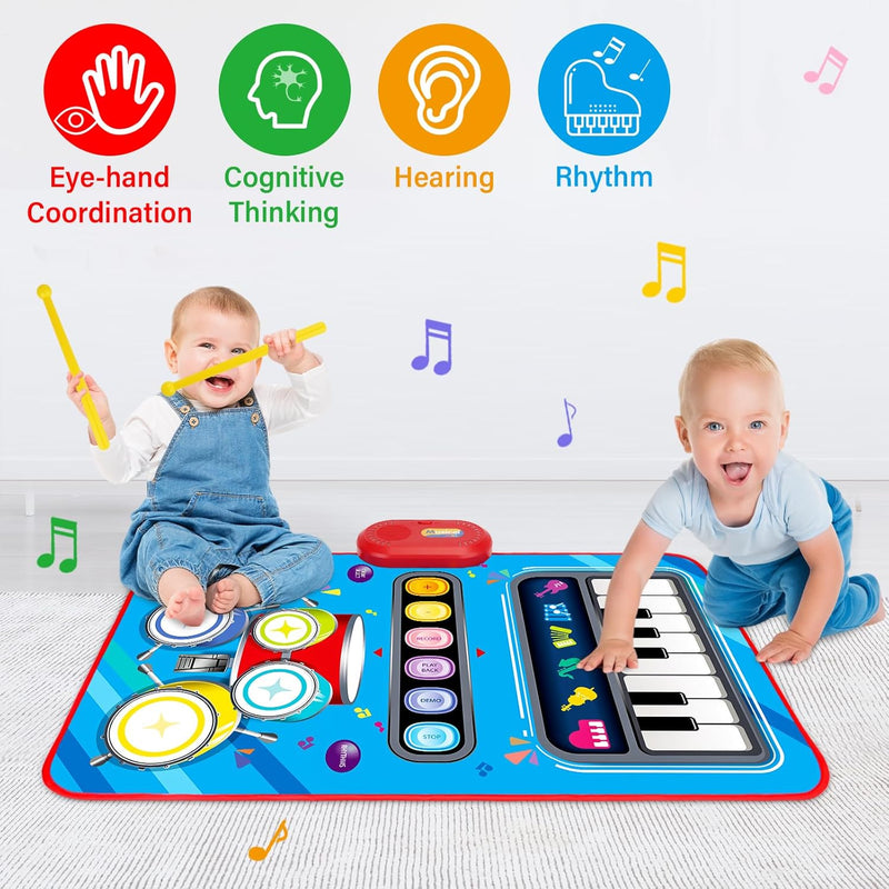 Baby 1-2 Years Music Mat: 2 in 1 Piano Drum Play Mat for Infant Music Toy 1-3 Year Old Boys Girls