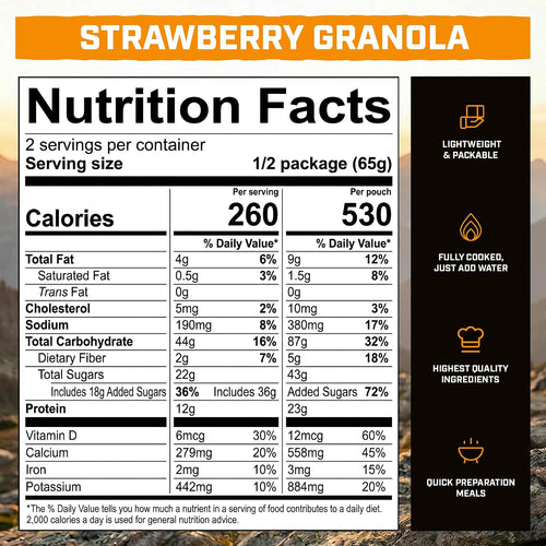 Peak Refuel Strawberry Granola 2-Pack, Freeze-Dried Breakfast Meal Pouches | Two freeze-dried strawberry granola pouches, 2 servings each, lightweight, just add water, no cooking, ideal for camping