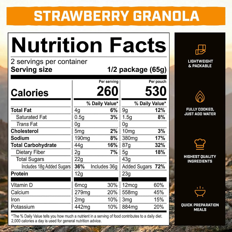 Peak Refuel Strawberry Granola 2-Pack, Freeze-Dried Breakfast Meal Pouches | Two freeze-dried strawberry granola pouches, 2 servings each, lightweight, just add water, no cooking, ideal for camping