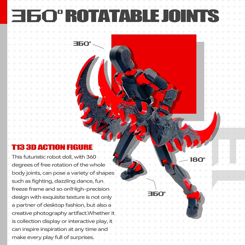 T13 3D Action Figure Set (Assembly Completed),Dummy Robot Titan 13 Action Figures,3D Printed Toys Multi-Jointed Movable (Black/Red)