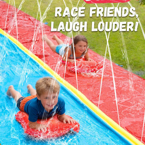 Spring Water 30ft Slip and Water Slide for Kids Backyard, Extra Long 2 Lanes Slip n Water Slide with Sprinkler, Gaint Water Slides with 2 Inflatable Bodyboards Outdoor Fun Summer Water Toys