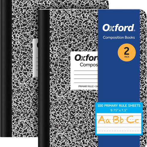Oxford Primary Ruled Composition Notebooks, 9-3/4 x 7-1/2 Inches, Writing Practice for Kids, Grades K-2, Black Covers, 100 Sheets, 2 Pack (1002521)