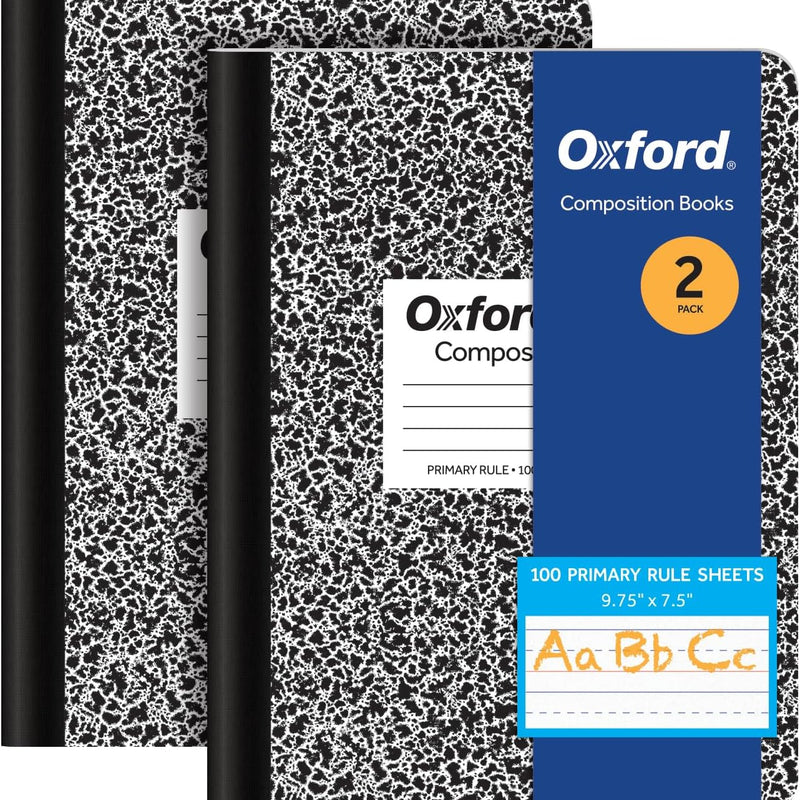Oxford Primary Ruled Composition Notebooks, 9-3/4 x 7-1/2 Inches, Writing Practice for Kids, Grades K-2, Black Covers, 100 Sheets, 2 Pack (1002521)