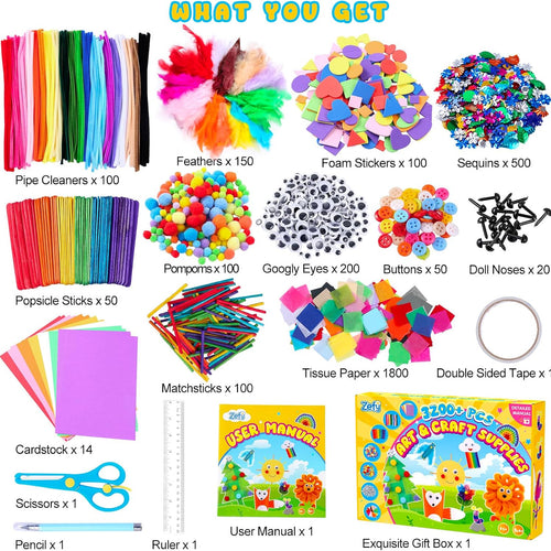 Zefy 3200+ Pcs Arts and Crafts Supplies for Kids, All in One Craft Kits | DIY School Supplies Kit with 12 Crafts Design, Craft Box Easter Gifts for Girls Boys Ages 4-12
