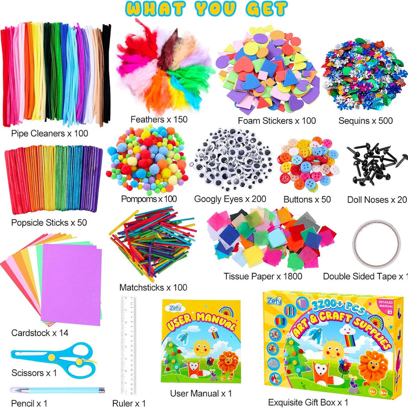 Zefy 3200+ Pcs Arts and Crafts Supplies for Kids, All in One Craft Kits | DIY School Supplies Kit with 12 Crafts Design, Craft Box Easter Gifts for Girls Boys Ages 4-12