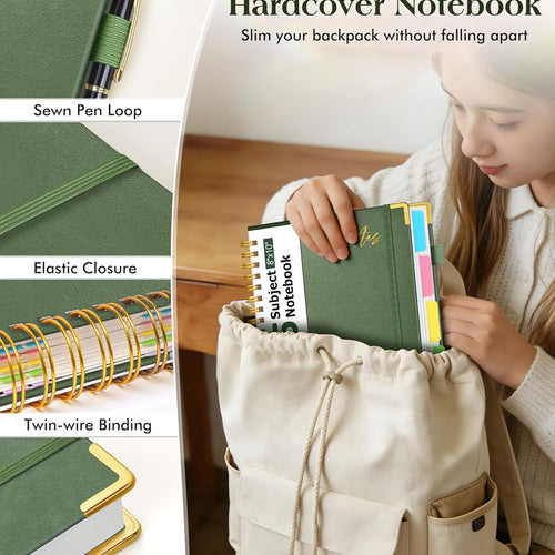 5 Subject Spiral Notebook Journal with Removable Dividers Tabs, 300 Pages Organizer Notebooks for Work School, 8"x10" Hardcover Leather Notebook College Ruled, Large Lined Journal for Women Men,Green