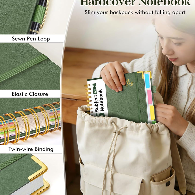 5 Subject Spiral Notebook Journal with Removable Dividers Tabs, 300 Pages Organizer Notebooks for Work School, 8"x10" Hardcover Leather Notebook College Ruled, Large Lined Journal for Women Men,Green