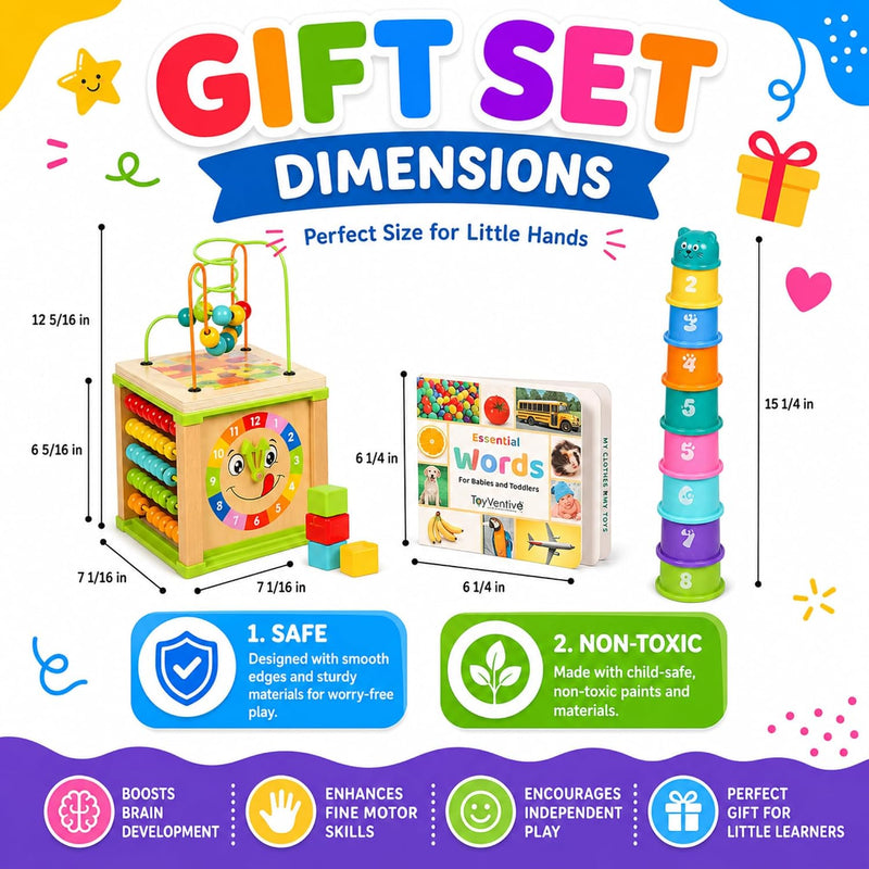 Wooden Activity Cube for Baby, Montessori Toys for 1 Year Old, Baby Toys 1 Year Old, Toys for 1+ Year Old Girl - Wooden Activity Center with Bead Maze Toy, Baby Stacking Cups, Book, in Pink Gift Box