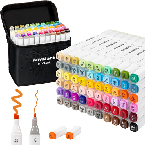 AnyMark Alcohol Markers, 60 Colors Dual Tip Art Coloring Markers Set for Adult Book Drawing Sketching Painting, Chisel & Fine, White Penholder
