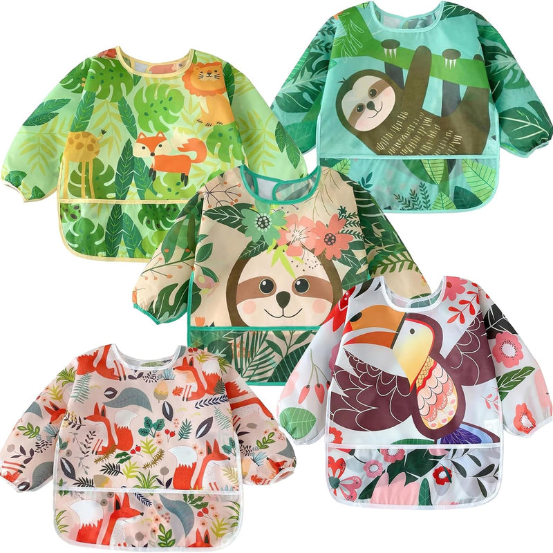 PandaEar 5 Pack Baby Long Sleeve Bibs| Waterproof Full Sleeve Bib for Baby Infant Toddler 6-36 Months