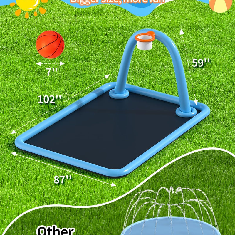 Splash Pad for Kids & Dogs, Large Sprinkler Pad Water Toys with Basketball Hoop, Thickened Non-Slip Splash Mat, Foldable Play Pool & Outdoor Summer Toys Ages 4-12 (102" Splash Pad)