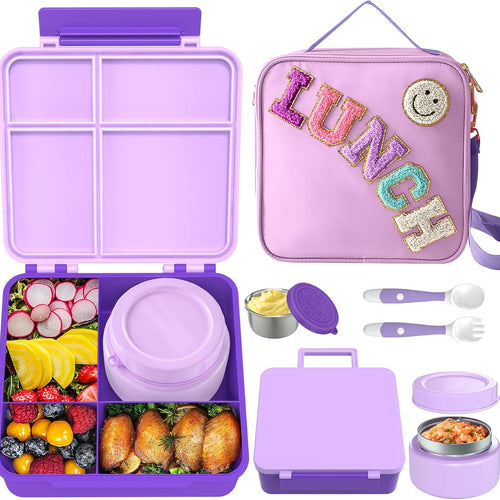 Aimsnk Lunch Box Kids, Bento Lunch Box for Kids with Thermo 8oz Food Jar, Leak Proof Hot Lunch Containers with 4 Compartment, Bento Box for Kid Toddler Insulated Lunch Bags for School (Purple)