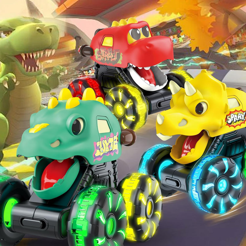 Monster Truck Toys with Dinosaurs for Toddlers 1-3, Press-and-Go Lights-Up Trucks