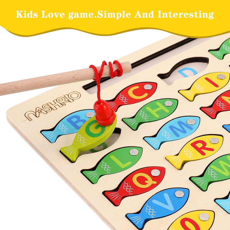 Magnetic Wooden Fishing Game Toy for Toddlers, Alphabet Fish Catching Counting Games Learning Toy 3 4 5 Years Old Kids