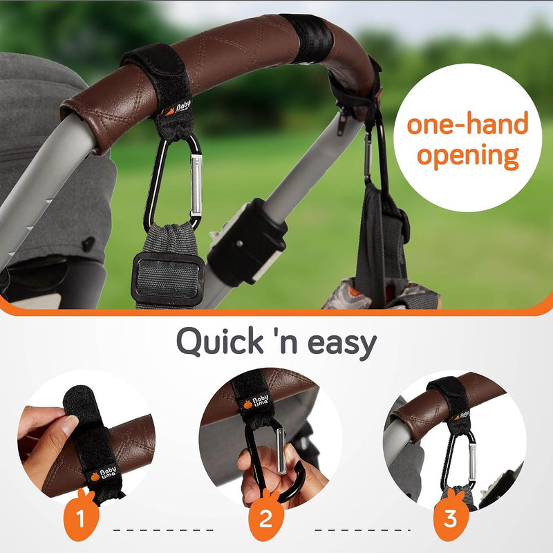 Baby Uma Stroller Hooks for Bags (2 Pack) - Non-Slip, One-Hand Use, 11 lb | These universal stroller clips open one-handed, resist slipping, and each carabiner hook holds 11 lbs—a travel essential.