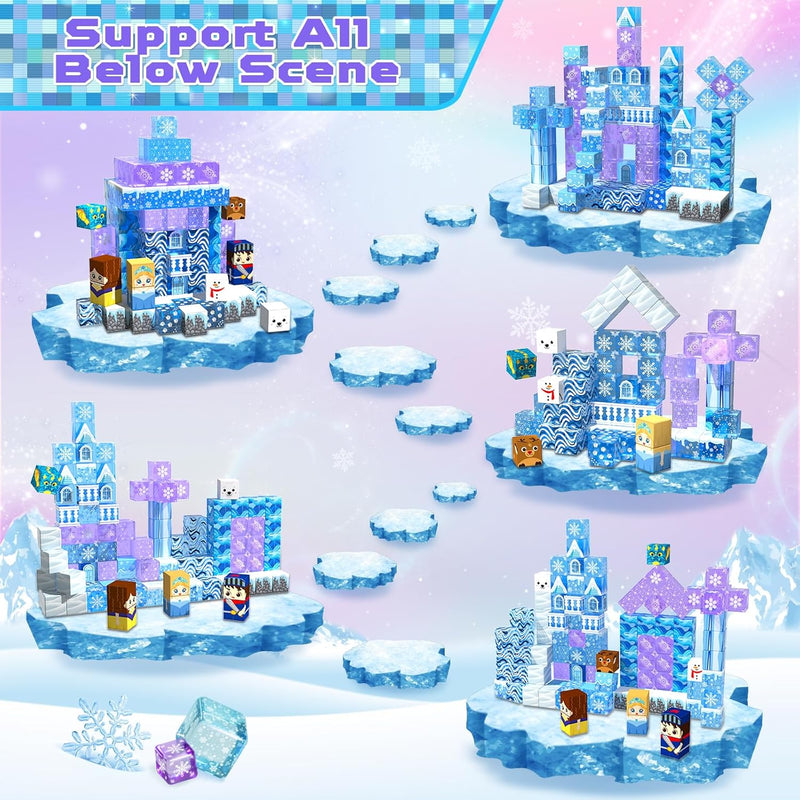 Magnetic Blocks - 100Pcs 0.8in Magnetic Building Block for Kids Ages 4-8, Transparent Magnet Block Blue Princess Castle, Frozen Magnetic Cubes Tiles Princess Toy for Girl 3 4 5 6 7 8-12 Birthday Gift