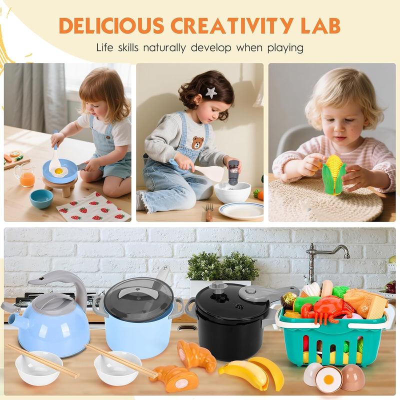 130Pcs Kitchen Playset, Toddler Pretend Cooking Play Pots, Pans, Utensils Cookware, Daily Food Fruit Veges, Shopping Storage Basket, Dessert, Prop Money, Learning Gift for Child (Blue)