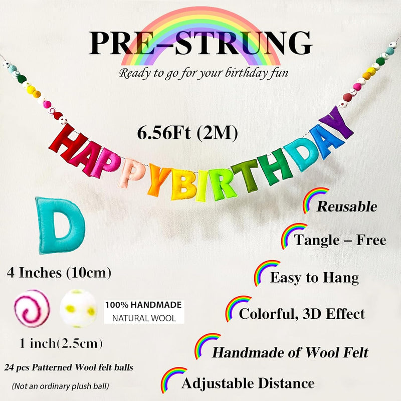Pre-Strung Happy Birthday Banner - Felt Ball Garland, Reusable Rainbow Party Decorations for Kids Room Decor