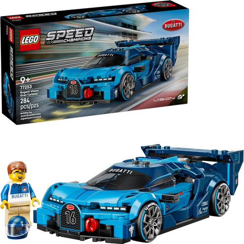 Build the iconic LEGO Speed Champions Bugatti Vision Gran Turismo Hyper Sports Car, a legendary ride for kids aged 9+, with a Bugatti driver minifigure.