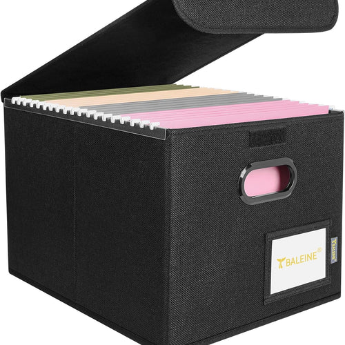 BALEINE File Organizer Box with Lid, Collapsible File Folder Organizer with Plastic Slide, Hanging File Folder Box for Office Document Storage (1 Pack, Black)