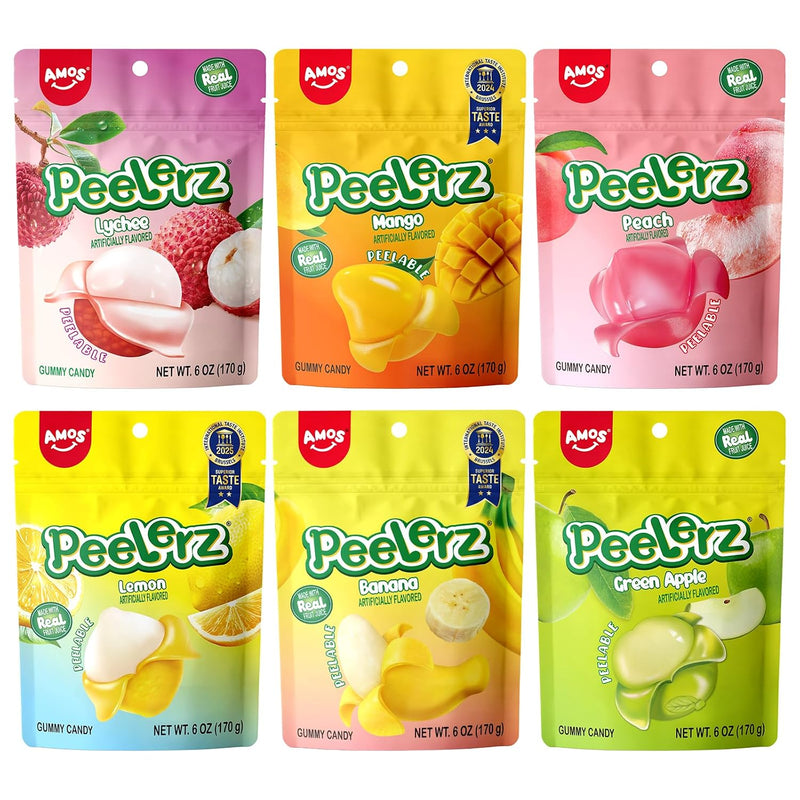 AMOS Peelerz Exotic Fruit Peelable Gummy Candy – 5 Fruit Flavors (Mango, Peach, Banana, Pineapple, Lychee), 8.47oz (240g), Individually Wrapped