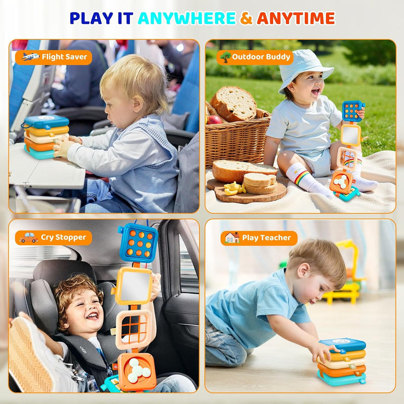 Portable Travel Toys for Baby 6-18M: 5 Foldable Cubes 7 Activity Panels | Busy Board for Car Seat & Airplane Trips - Builds Sensory Fine Motor Skills - Gifts for Baby Birthday Christmas