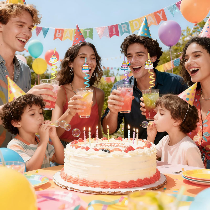 LEDUO 24-Piece Reusable Birthday Straws - Swirly, Glittery Cake Toppers for Kids' Parties