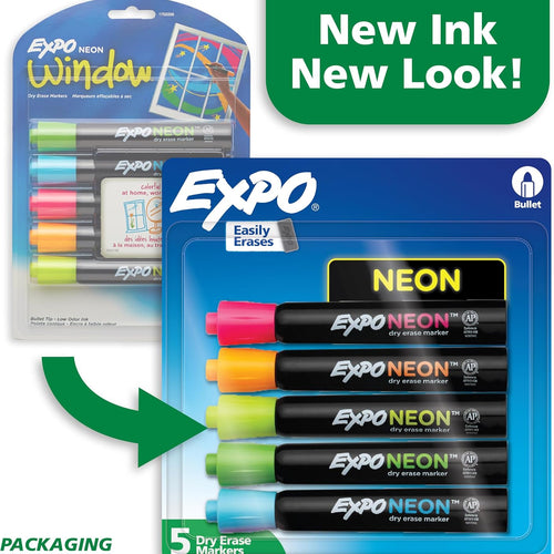 EXPO Neon Dry Erase Markers, Assorted, Bullet Tip, 5 Count - Fun, Vibrant Colors for Whiteboard, Glass, Acrylic, Home Organization