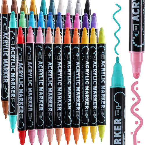 nauets 30 Colors Precision Dual Tip Acrylic Paint Markers Pens - Dot & Fine | Works on Rock, Wood, Fabric, Canvas, Glass, Scrapbook, Paper, Ceramic, Egg, DIY Craft Supplies Art Gift
