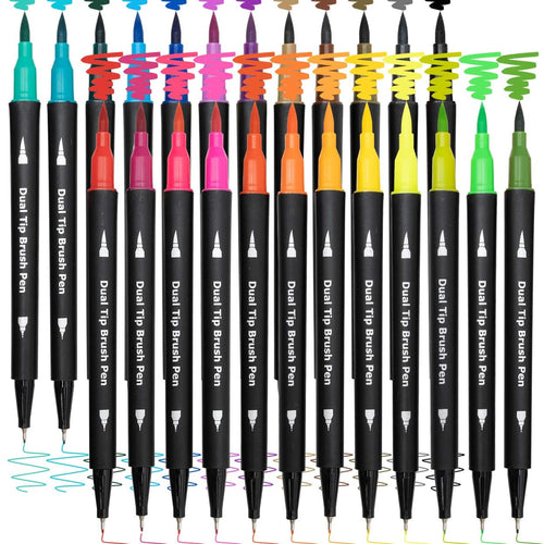 Piochoo Dual Brush Marker Pens,24 Colored Markers,Fine Point and Brush Tip for Adult Coloring Books Bullet Journals Planners,Note Taking Coloring Writing