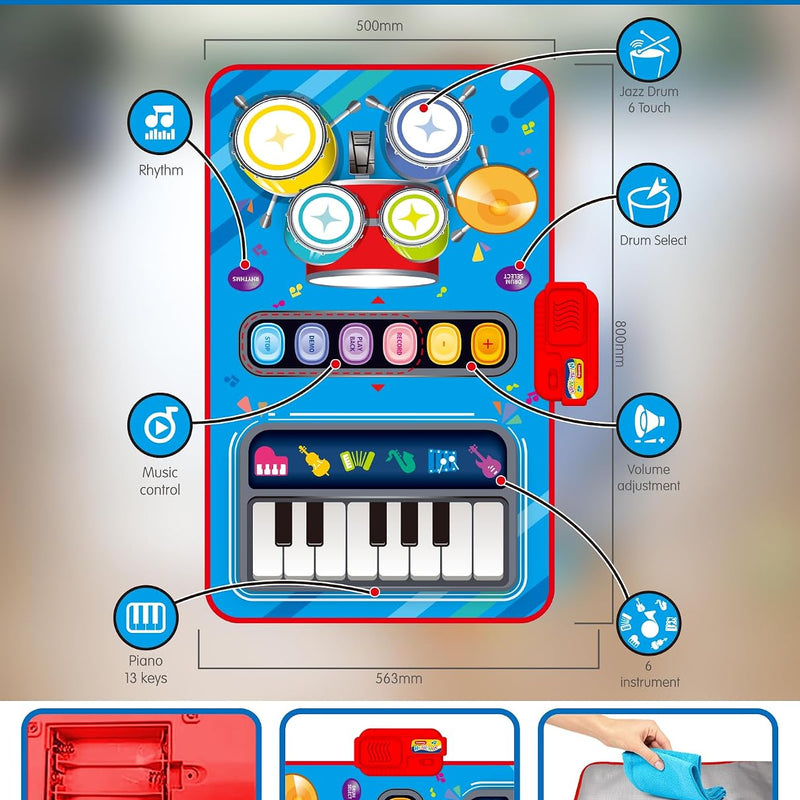 DQMOON Toys for 1 Year Old Boy Gifts, Baby Musical Mat with Piano & Drum, Adjustable Volume, 12-18 Months Toddler Toys, Christmas Birthday Easter Gifts for 1-2 Year Olds Boys Girls (Blue)
