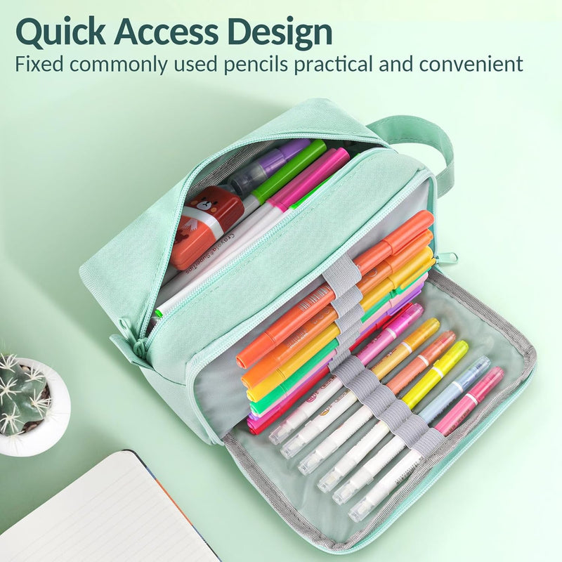 Sooez Original High Capacity Pencil Case, Big Pencil Bag Pouch Box Organizer Pen Case, Aesthetic Supply for Girls Adults, Portable Journaling Supplies with Easy Grip Handle & Loop, Mint Green