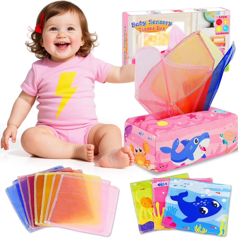 Baby Toys 6-12 Months: Baby Tissue Box 6 Month Old Montessori Toy | Pulling Play Scarf Soft Box with Crinkle Paper - Infant Sensory Toy for Babies 7 8 9 10 Month Old 1st Birthday Boy Girl Gifts