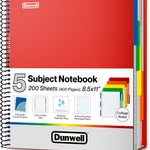 Dunwell 5-Subject Notebook, College Ruled, Colorful Movable Pocket Dividers with Tabs, Front/Back Plastic Covers, 200 Sheets (400 Pages) of 3-Hole Punch Perforated 8.5x11 Paper