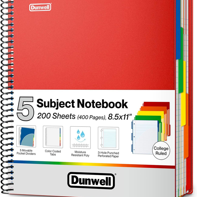 Dunwell 5-Subject Notebook, College Ruled, Colorful Movable Pocket Dividers with Tabs, Front/Back Plastic Covers, 200 Sheets (400 Pages) of 3-Hole Punch Perforated 8.5x11 Paper