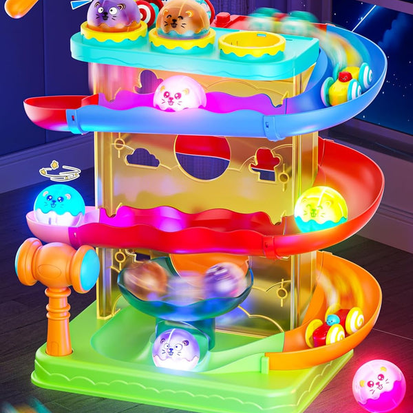 2-in-1 Rolling Ball & Car Ramp Toy for Toddlers, Interactive STEM Learning Playset with Sensor Lights