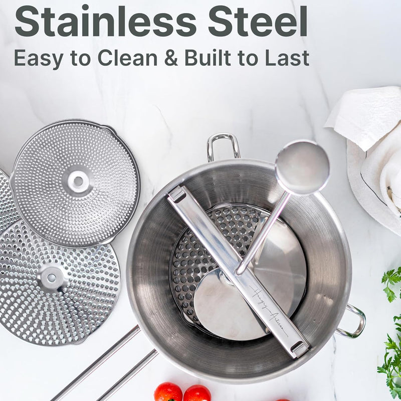 Hungry Artisan 4-Disc Food Mill for Jams, Purees & Silky Sauce | Stainless steel, ergonomic rotary crank; also for tomato sauce, canning, applesauce, baby food, berries & mashed potatoes