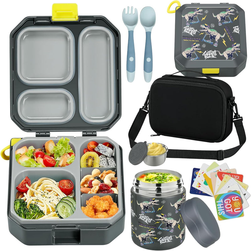 wiwens Bento Lunch Box for Kids with 12oz Soup Thermo Leak-Proof Lunch Food Container with 5 Compartment Thermo Hot Food Jar and Insulated Lunch Bag for Kid Toddler Girls Boys to School