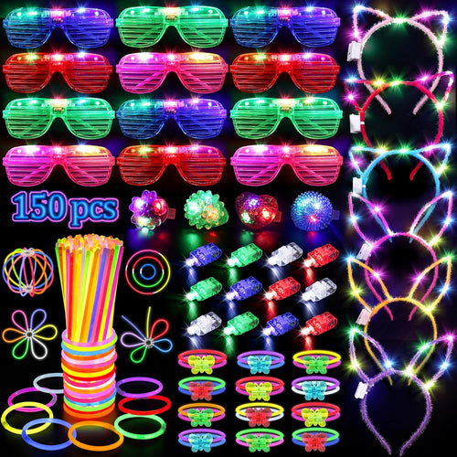 150PCS Glow Party Supplies: Glasses, Headbands, Rings, 100 Glow Sticks for Kids & Adults