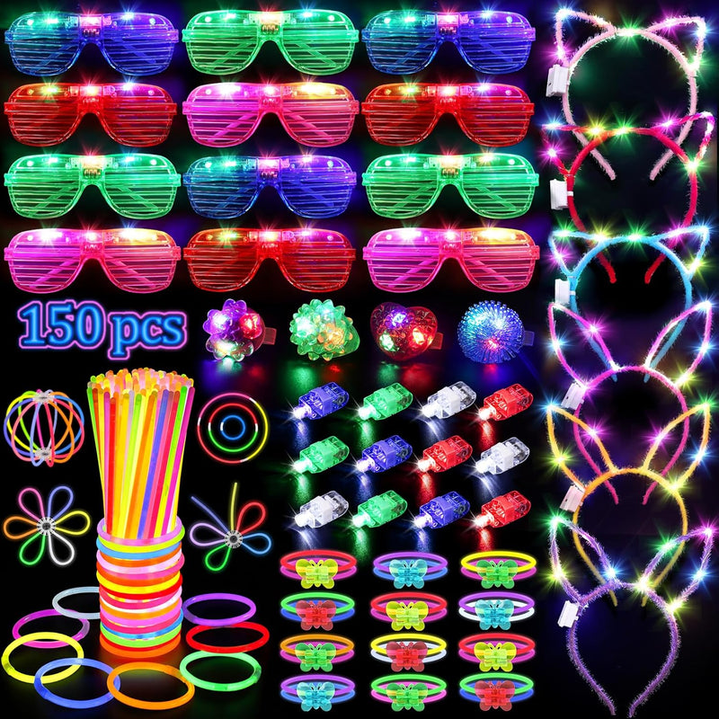 150PCS Glow Party Supplies: Glasses, Headbands, Rings, 100 Glow Sticks for Kids & Adults