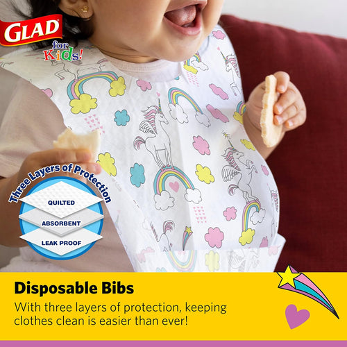 Glad for Kids Disposable Paper Bibs with Crumb Catcher, Unicorns, 30 Count | Absorbent, leakproof design for mess-free feeding at meals, crafts, parties, and travel