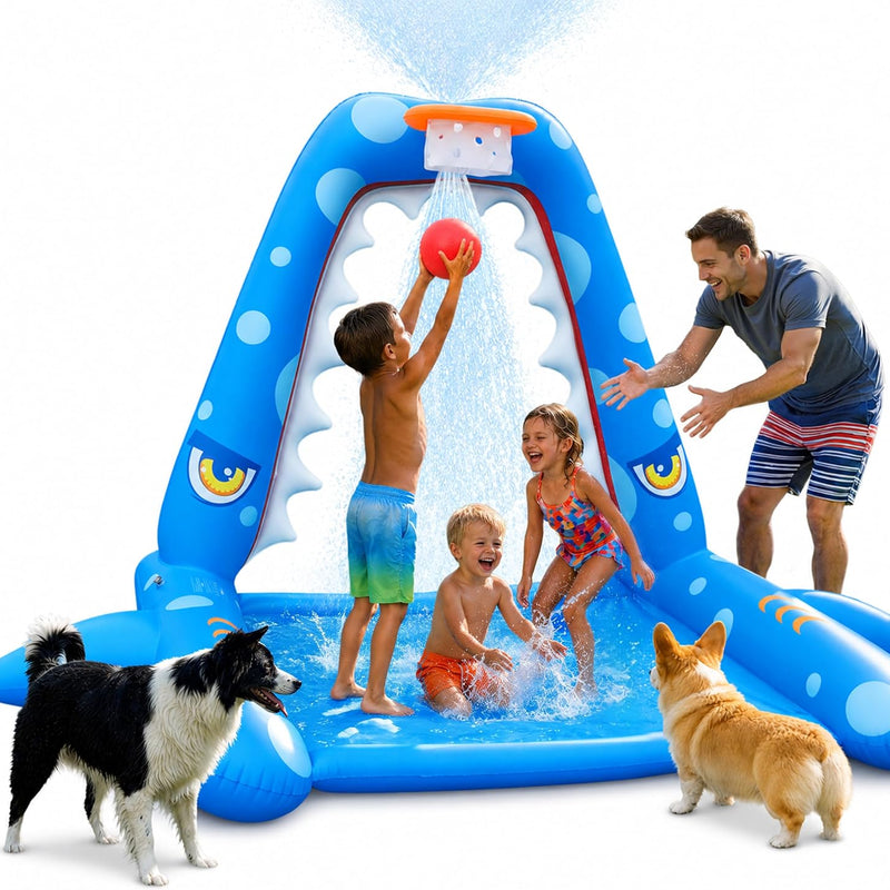 JOSEN Sprinkler for Kids Outdoor Play, Giant Inflatable Shark Water Toys Splash Pad with Basketball Hoop, Fun Sprinkler Summer Outdoor Game for 3-8 Years Old Children Boys Girls Birthday Gift