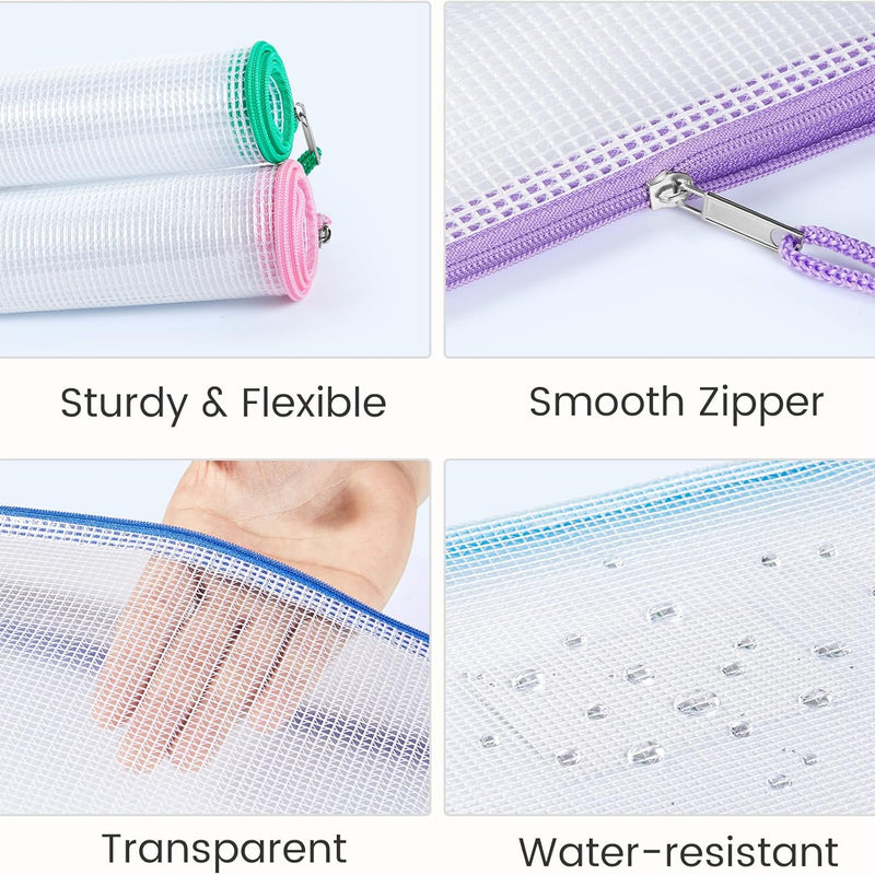 Sooez 24 Pack Mesh Zipper Pouch with Sticky Labels, A4 Mesh Bags, Sturdy Letter Size File Folders Organizer, Office School Classroom Teacher Supplies, Toy Storage Bag Board Game Puzzles Organization