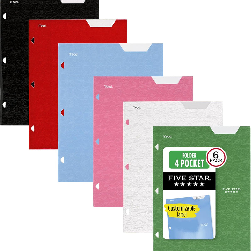 Five Star 4-Pocket Folder, 6 Pack, Paper Folder, Fits 3-Ring Binders, Holds 8-1/2" x 11" Paper, Assorted Colors (38058)