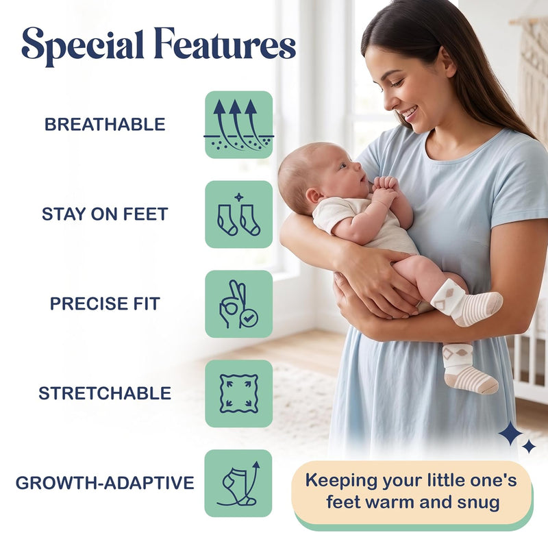 Organic Cotton Blend 12 Newborn Baby Socks 0-6 M Unisex Registry | Oeko-Tex Certified, Ankle Socks, 12 Pairs, Baby Socks With Grips, Baby Girl Socks, Brown Socks, Unisex Design, 0-6 Months