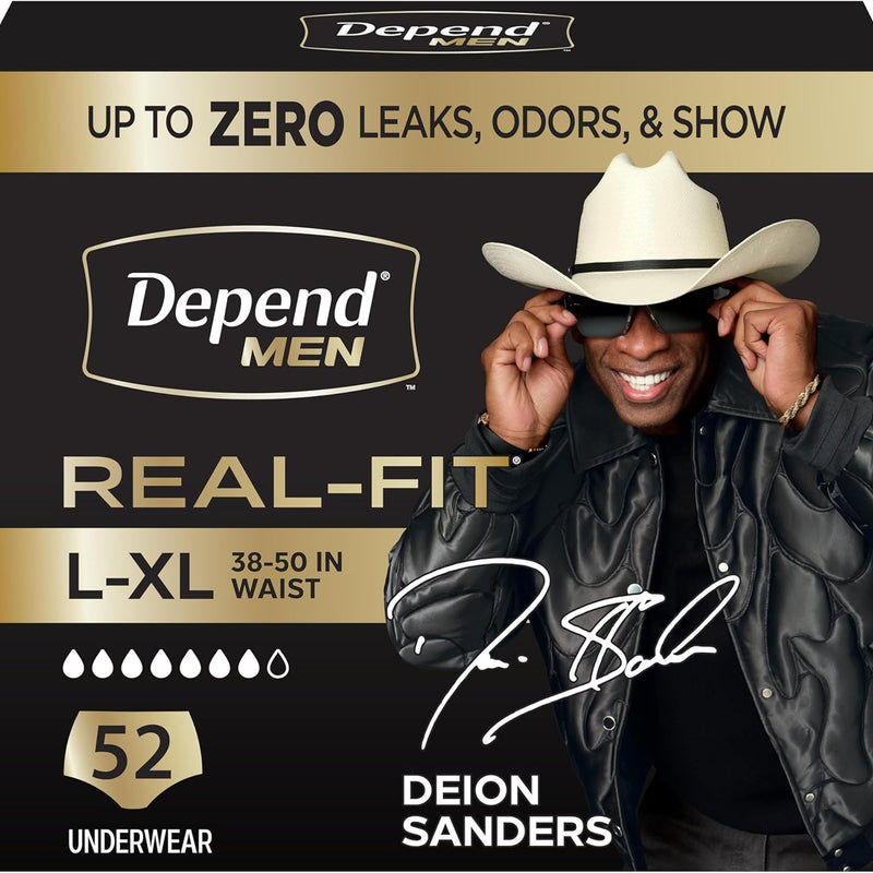 Depend Real Fit Adult Diapers, Incontinence Underwear for Men, Disposable, Maximum Absorbency, Large/Extra Large, 52 Count (2 Packs of 26), Packaging May Vary